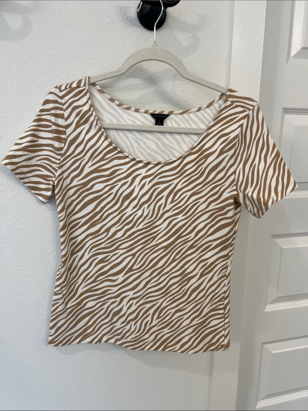 Ann Taylor Brown and White Zebra-Print Scoop Neck Tee